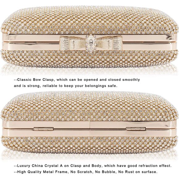 ⚡ Women's Gold Rhinestone Crystal Bow Clasp Metal Chain Evening Clutch Handbag - Picture 3 of 7